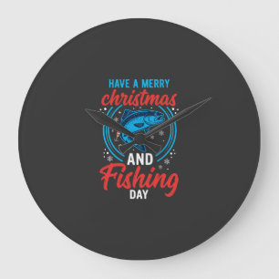Christmas Fishing Day Vintage Holiday Large Clock