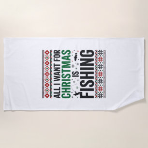 Christmas Fishing Ugly Sweater Design Beach Towel