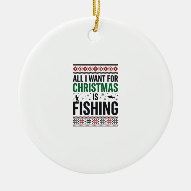 Christmas Fishing Ugly Sweater Design Ceramic Ornament (Front)