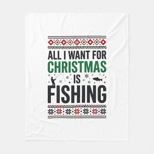 Christmas Fishing Ugly Sweater Design Fleece Blanket (Front)