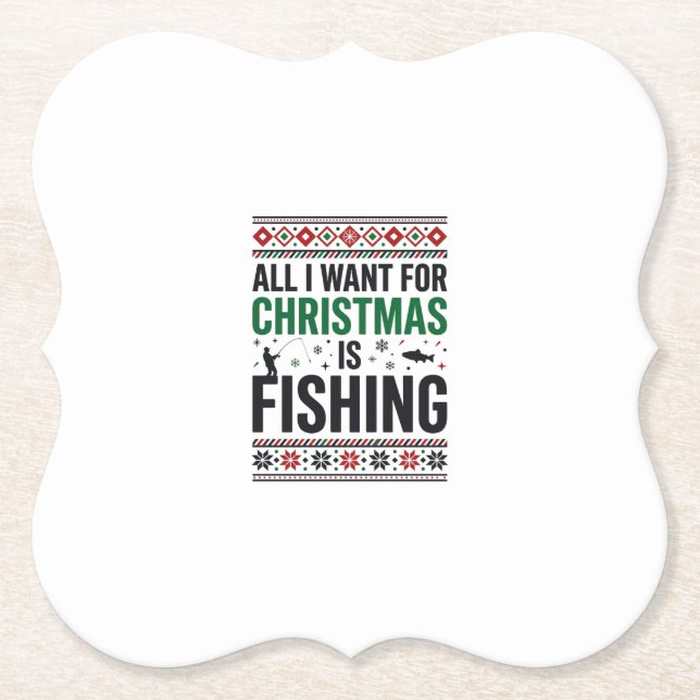 Christmas Fishing Ugly Sweater Design Paper Coaster (Front)