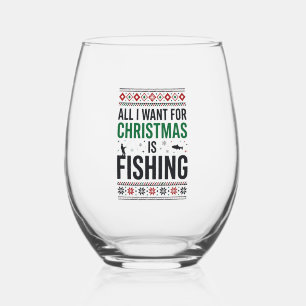 Christmas Fishing Ugly Sweater Design Stemless Wine Glass