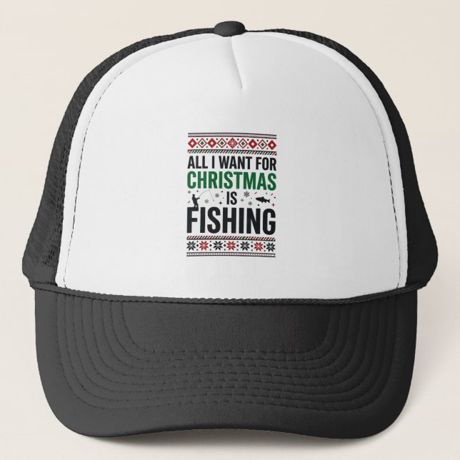 Christmas Fishing Ugly Sweater Design Trucker Hat (Front)