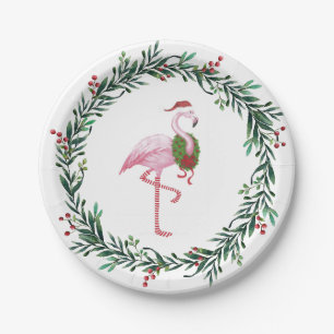 Christmas Flamingo and Wreath Party Paper Plate