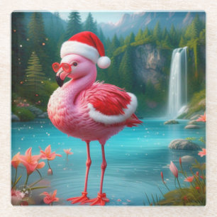 Christmas Flamingo As Santa Claus-47475 Glass Coaster
