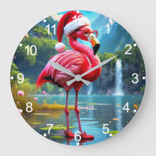 Christmas Flamingo As Santa Claus-47476 Large Clock