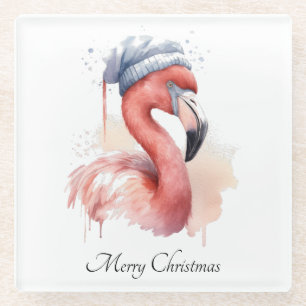 Christmas Flamingo, customisable Glass Coaster