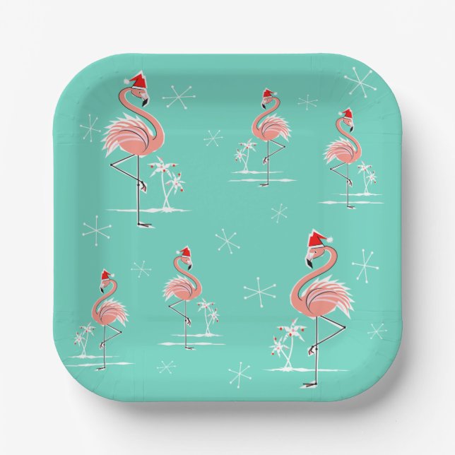 Christmas Flamingo Group square Paper Plate (Front)