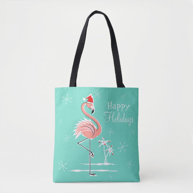 Christmas Flamingo Happy Holidays all over tote Bag (Front)