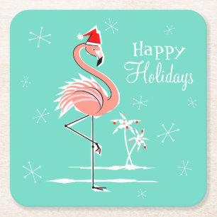 Christmas Flamingo Happy Holidays coaster square