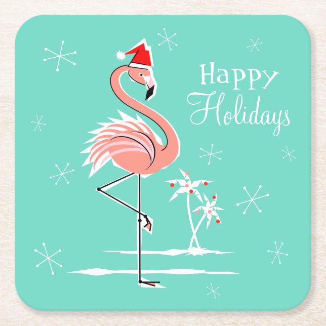 Christmas Flamingo Happy Holidays coaster square (Front)