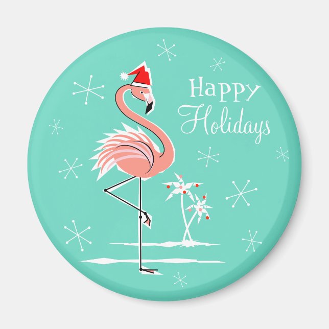 Christmas Flamingo Happy Holidays magnet round (Front)