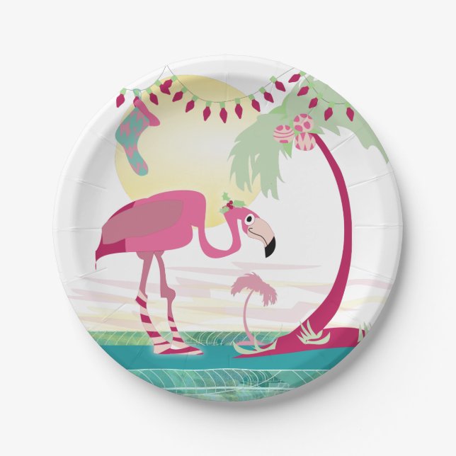 Christmas Flamingo Holiday Beach Scene Paper Plate (Front)