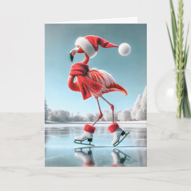 Christmas Flamingo Ice Skating Card (Front)