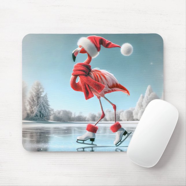 Christmas Flamingo Ice Skating Mouse Pad (With Mouse)