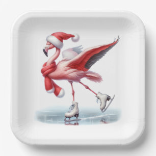 Christmas Flamingo Ice Skating Paper Plate