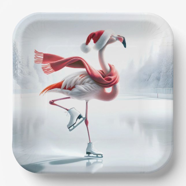 Christmas Flamingo Ice Skating Paper Plate (Front)