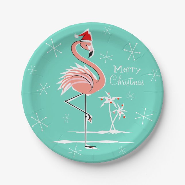 Christmas Flamingo Merry Christmas paper plate (Front)