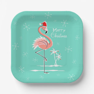 Christmas Flamingo Merry Christmas square Paper Plate