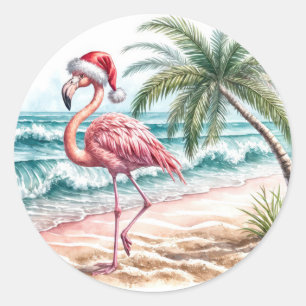 Christmas Flamingo On a Beach Classic Round Sticker
