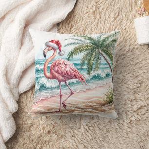 Christmas Flamingo On a Beach Cushion