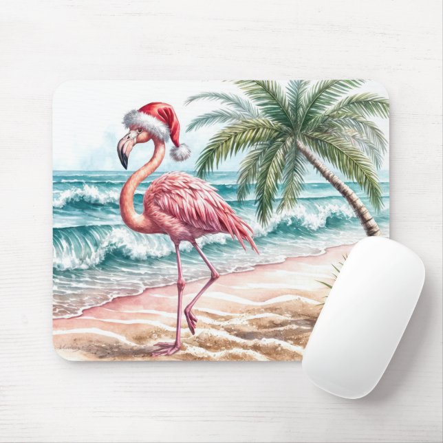 Christmas Flamingo On a Beach Mouse Pad (With Mouse)