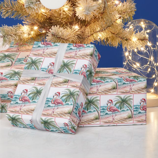 Christmas Flamingo On a Beach Wrapping Paper (Holidays)