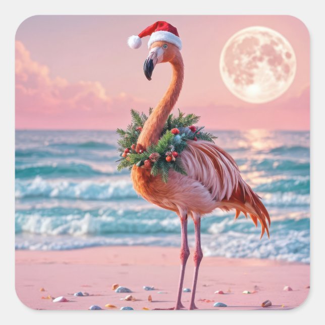 Christmas Flamingo On a Pink Beach Square Sticker (Front)