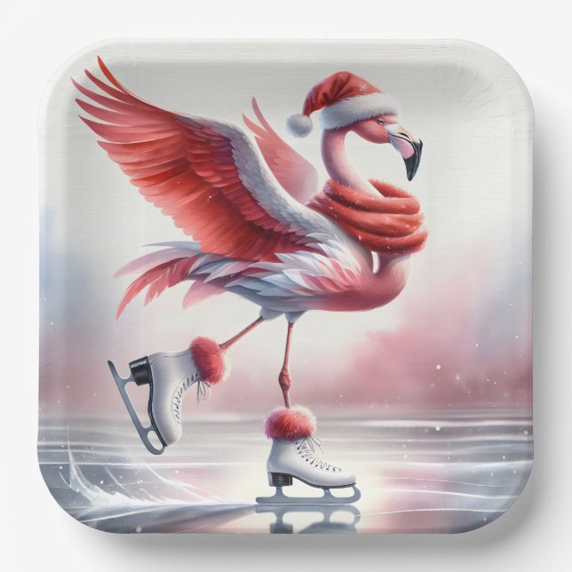 Christmas Flamingo On Skates Paper Plate (Front)