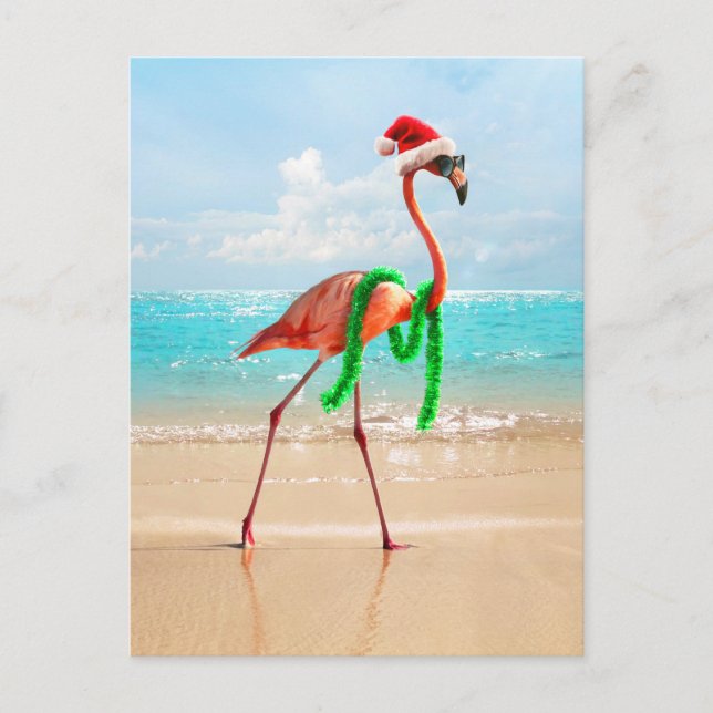 Christmas Flamingo on the Beach Invitation Postcard (Front)