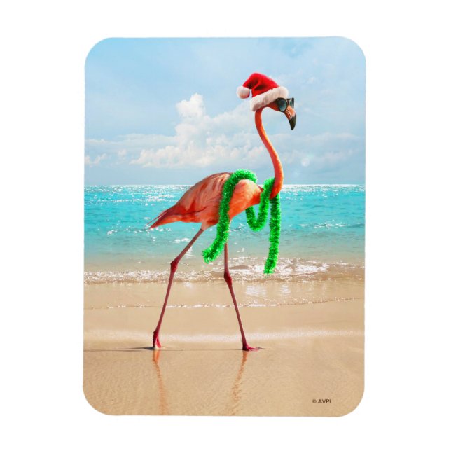 Christmas Flamingo on the Beach Magnet (Vertical)