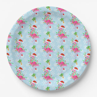 Christmas Flamingo Pattern Blue Paper Plate