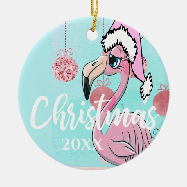 Christmas Flamingo Photo Blue Pink Girly Cute Ceramic Ornament (Front)