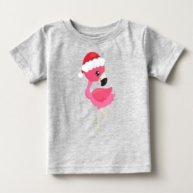 Christmas Flamingo, Pink Flamingo, Santa Hat, Bird Baby T-Shirt (Front)