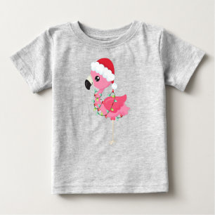 Christmas Flamingo, Santa Hat, Christmas Lights Baby T-Shirt