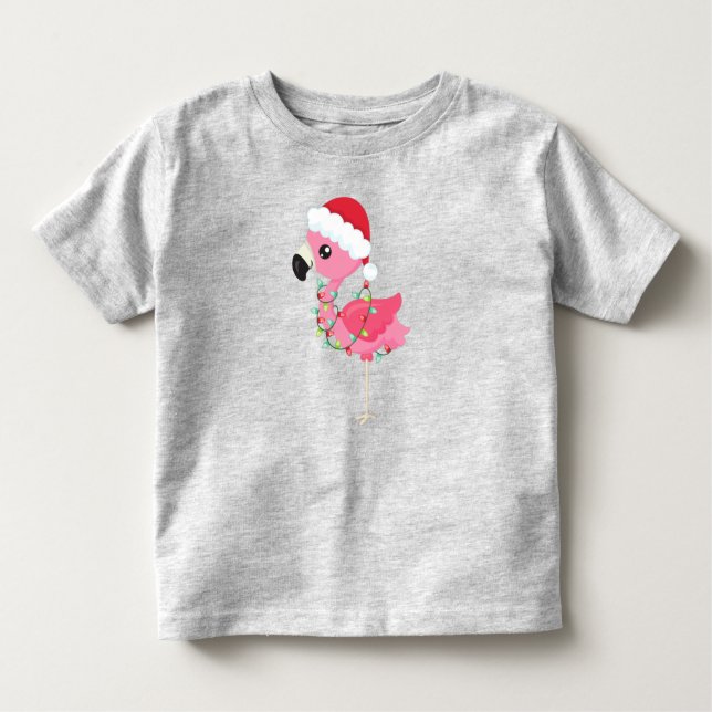Christmas Flamingo, Santa Hat, Christmas Lights Toddler T-Shirt (Front)