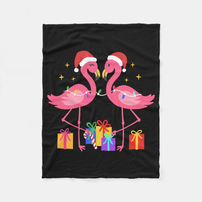 Christmas Flamingo Santa Hat Fleece Blanket (Front)