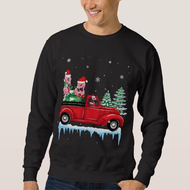 Christmas Flamingo Santa Hat Riding Red Truck Xmas Sweatshirt (Front)
