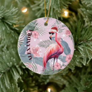 Christmas Flamingo Santa Hat Tropical  Ceramic Ornament