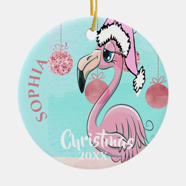 Christmas Flamingo Santa Photo Blue Pink  Cute Ceramic Ornament (Front)
