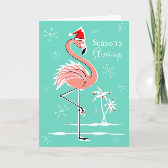 Christmas Flamingo Season's Greetings front Holiday Card (Front)