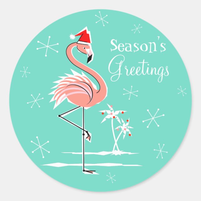 Christmas Flamingo Season's Greetings round Classic Round Sticker (Front)