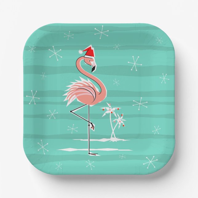 Christmas Flamingo Stripe square Paper Plate (Front)