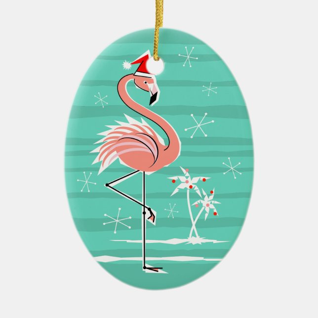 Christmas Flamingo Stripe Text ornament oval (Front)
