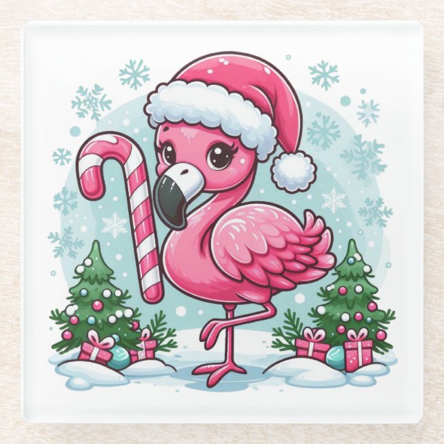 Christmas Flamingo Sublimation Clipart  Glass Coaster (Front)
