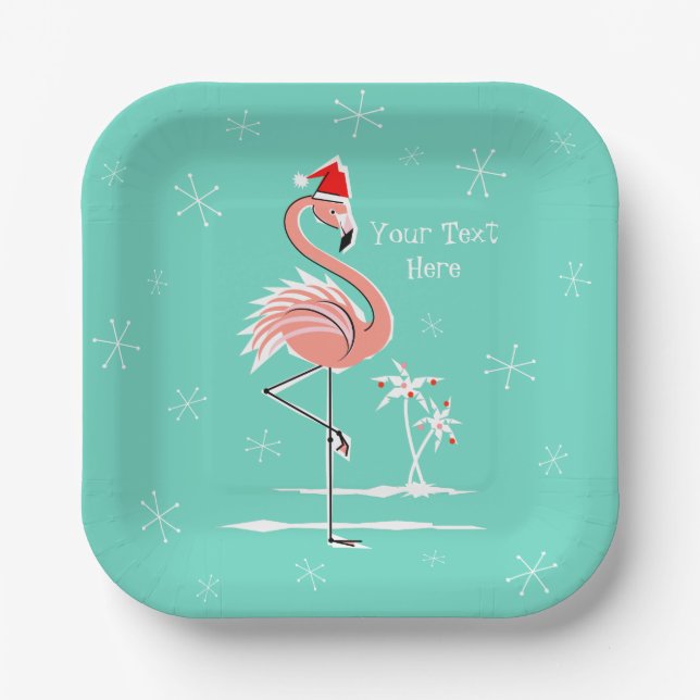 Christmas Flamingo Text square Paper Plate (Front)