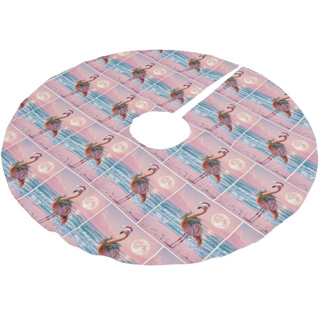 Christmas Flamingo Wearing Holiday Wreath Brushed Polyester Tree Skirt (Angled)