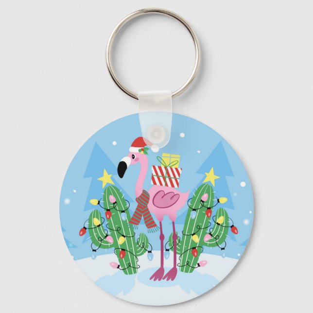 Christmas Flamingo with Cactus Key Ring (Front)