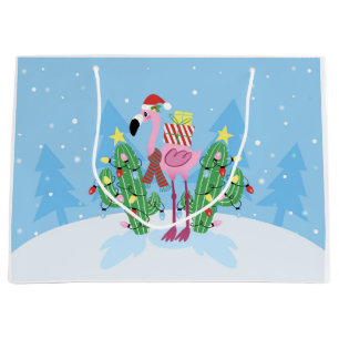 Christmas Flamingo with Cactus Large Gift Bag