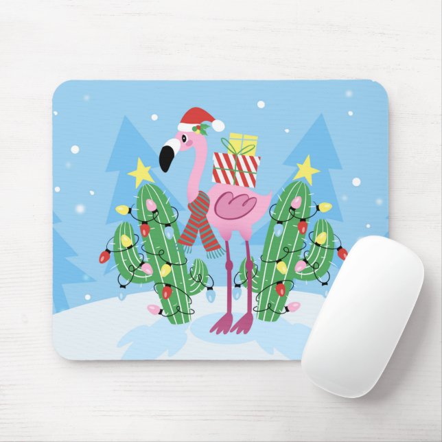 Christmas Flamingo with Cactus Mouse Pad (With Mouse)